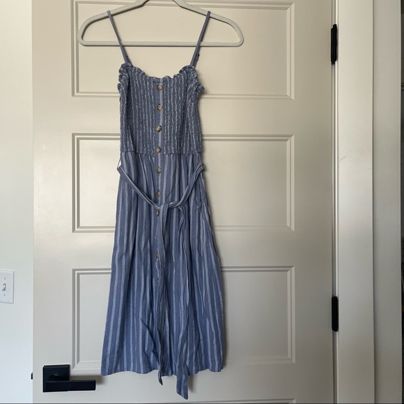 A&F Blue Striped Button-Up Smocked Midi Dress - Picture 2 of 6